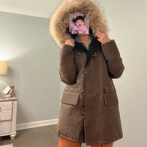 Maje Gaston Womens Coat Real Raccoon Fur Hoodie Trim Kaki Brown Size 40/ L $950